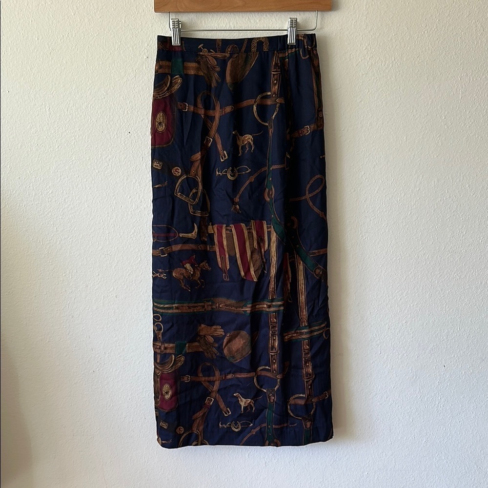 Pendleton sz 6 NWT rayon maxi skirt equestrian print navy + brown 35” length
